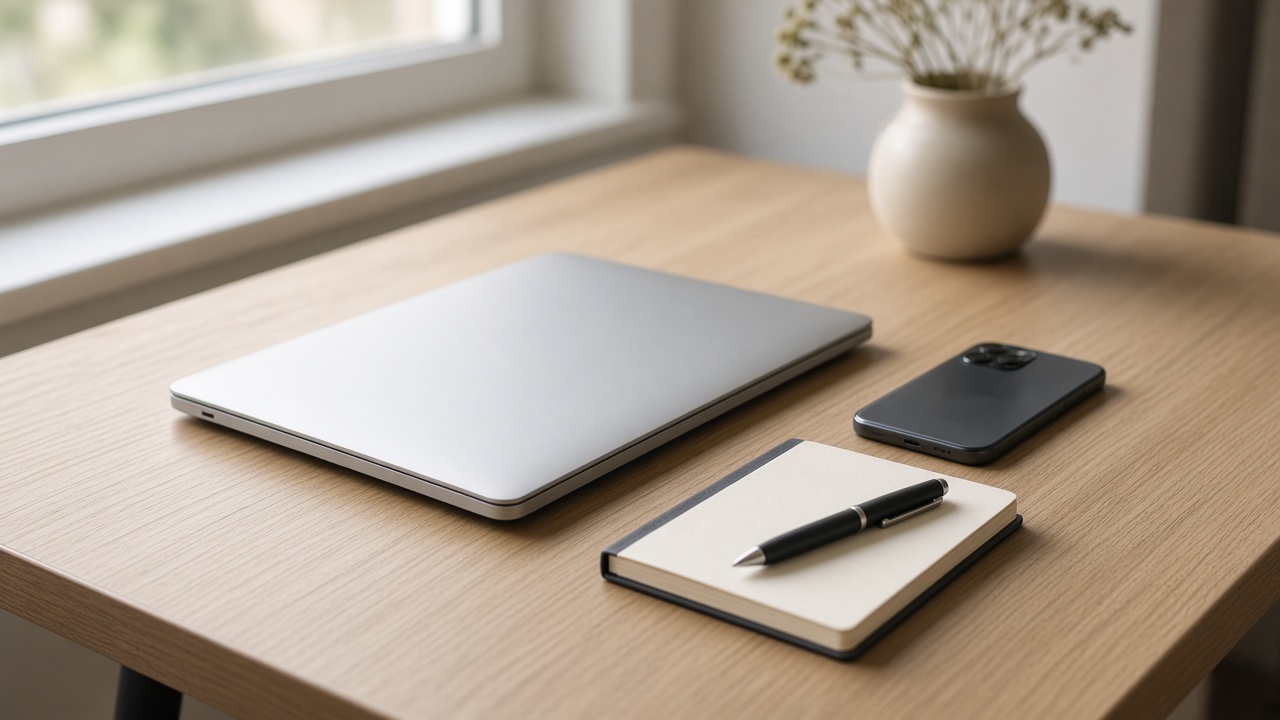 Laptop and phone on a desk